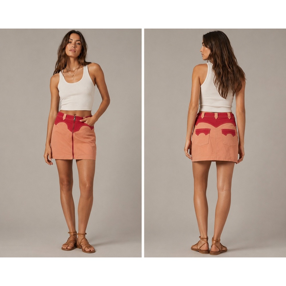 BDG Mini Skirt Medium Red Orange Western Colorblock Cowgirl Retro Festival Skirt